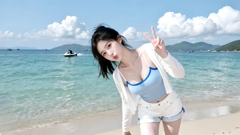 海边沙滩比耶的清新少女