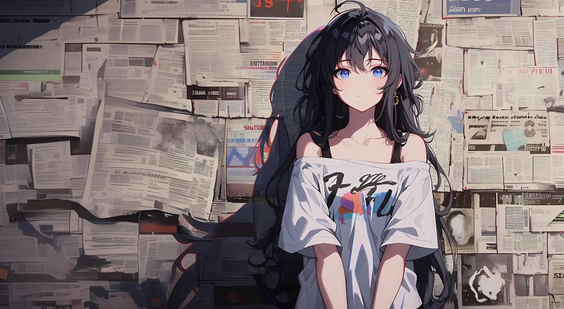 报纸墙前蓝眼黑长直潮酷少女
