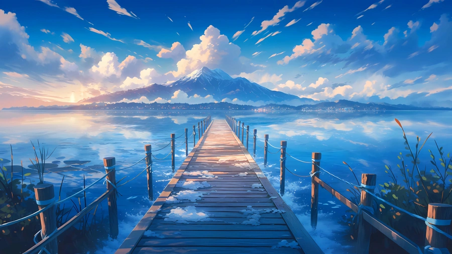 湖边木栈道远山风景插画