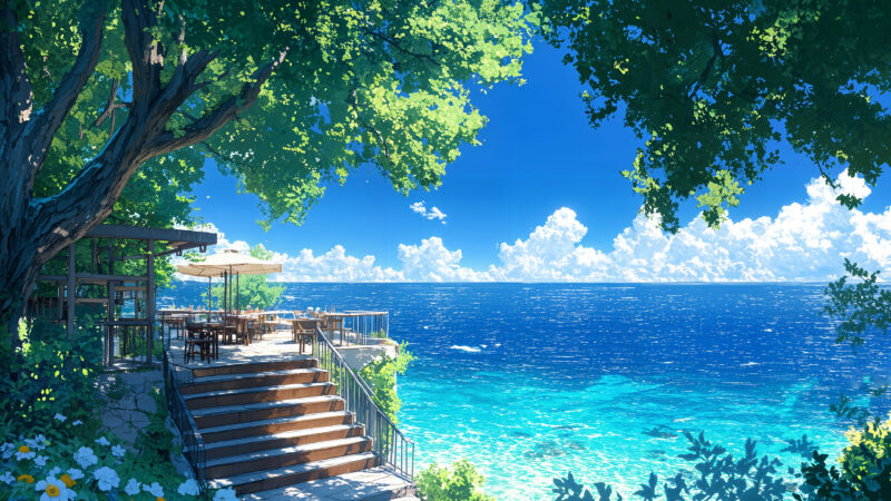 夏天海边绿荫阶梯海景动漫风景壁纸