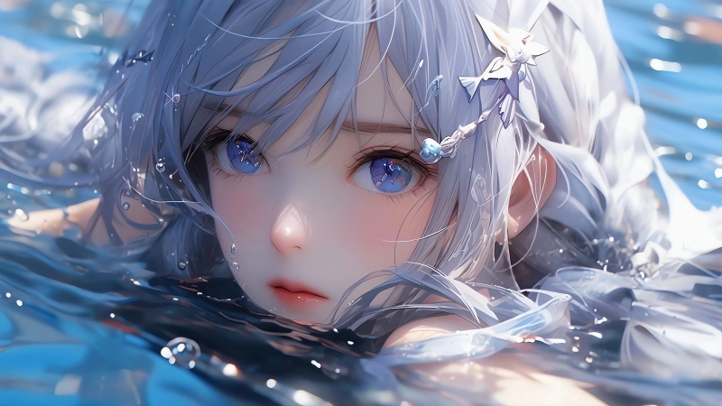 唯美水中银发少女 蓝眼睛 4K 动漫壁纸