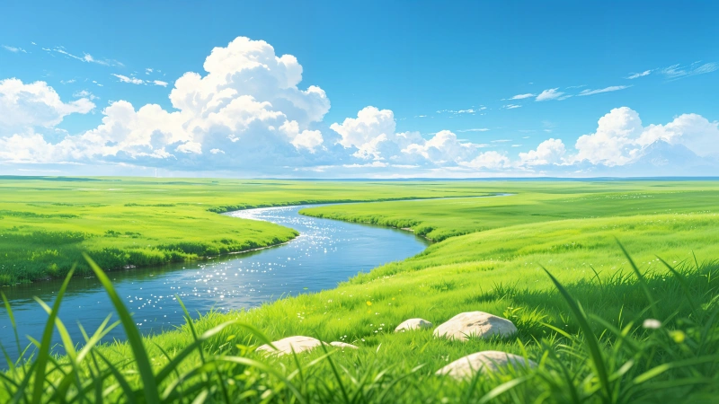 草原河流蓝天白云 治愈系 4K 风景壁纸