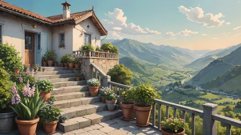 山间田园壁纸 小屋阶梯鲜花治愈风景