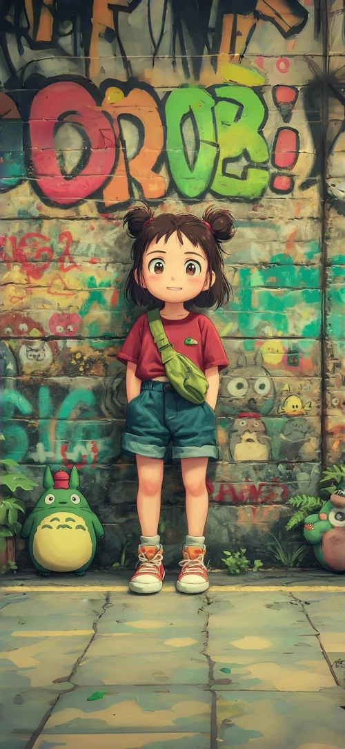 涂鸦墙 4K手机壁纸 双丸子头少女与龙猫