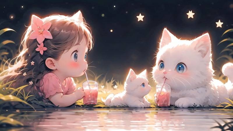 4K 治愈壁纸 猫耳少女与白猫星空下喝饮料 3840x2160