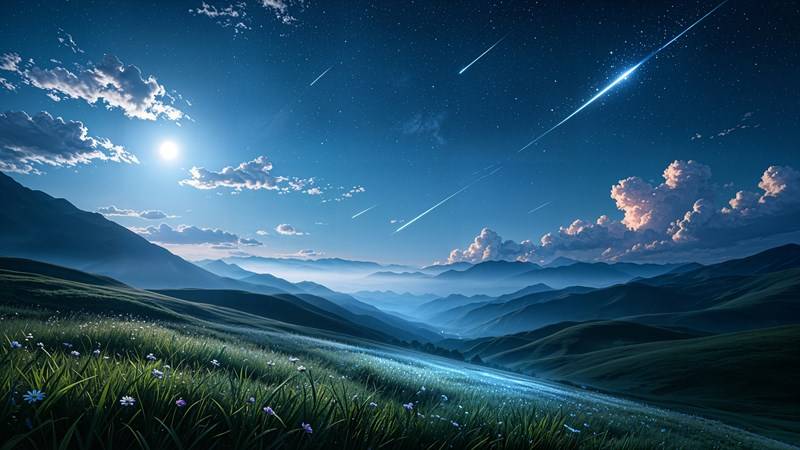 田园山丘流星满月 4K 唯美夜景治愈系
