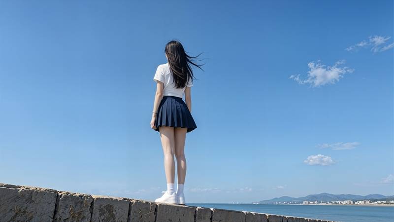 海边 JK 少女背影望远方 夏日清新