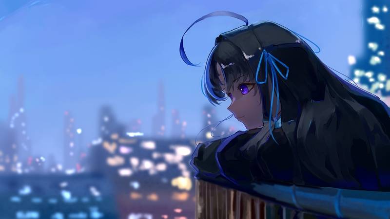 3840x2160 蓝紫调二次元少女 阳台夜景 4K 原画