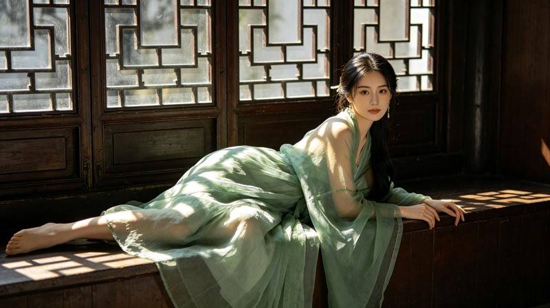 青绿汉服古风美人 中式花窗光影国风古韵