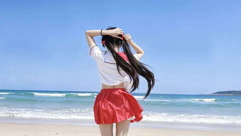 夏日海边双马尾水手服少女 4K 高清