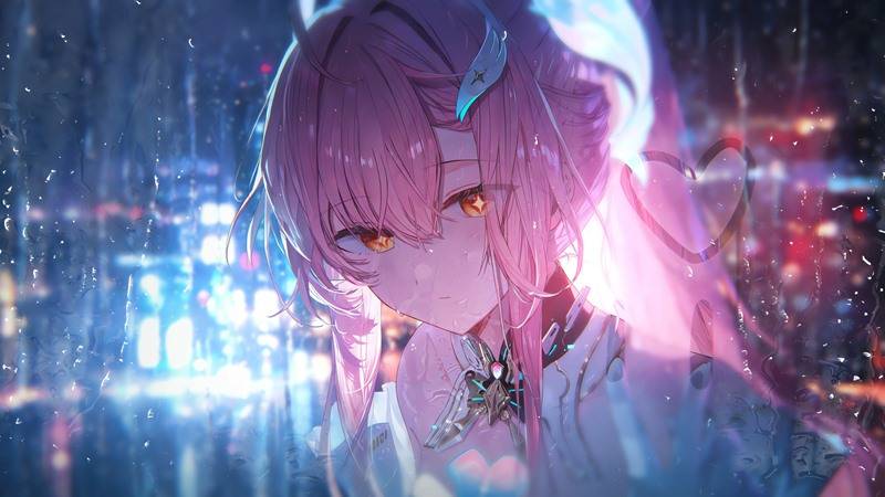 爱弥斯雨天窗边 二次元少女城市夜景 4K
