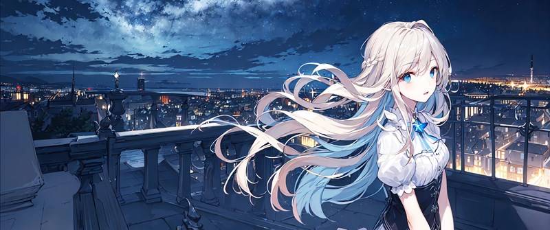 长发动漫女孩 城市夜景 星空 带鱼屏壁纸 3440x1440